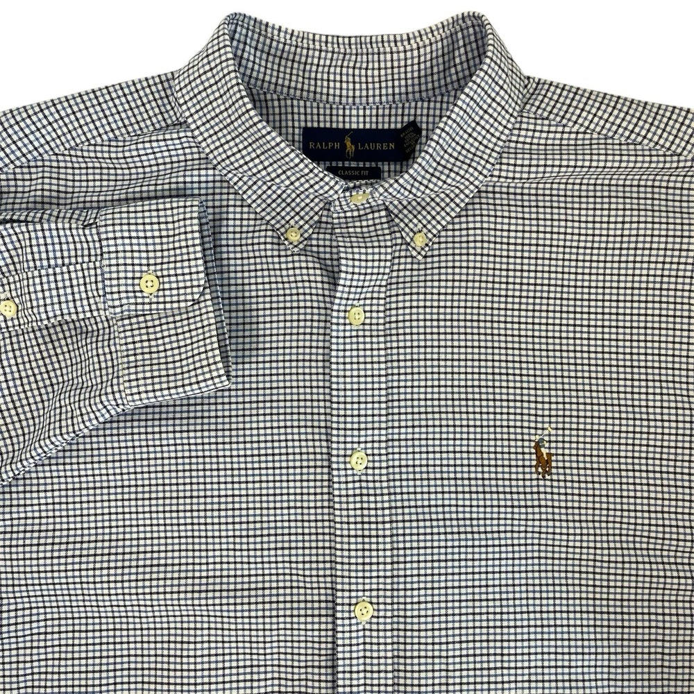 Polo Ralph Lauren Shirt Men XXL Blue Check Plaid Button‎ Long Sleeve Flesh Pony